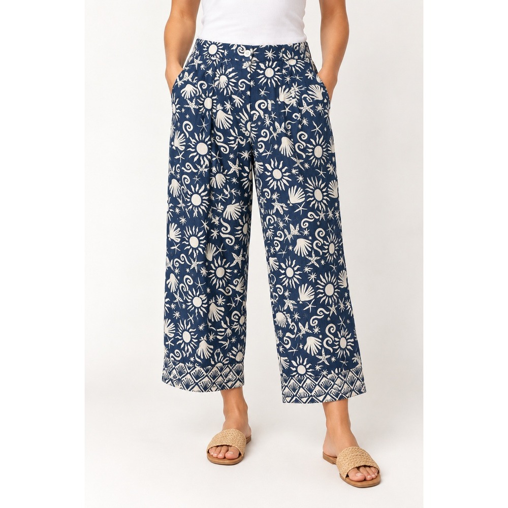 C&C California 100% Linen Wide Leg Pants XL Blue Celestial Sun Shell Print Crop